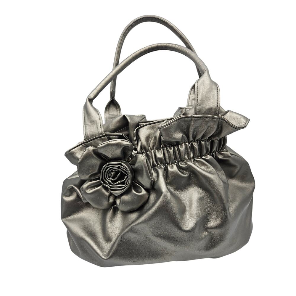 Bueno Women's Shiney‎ Gray Puffy Handbag with Rose Decor Shoulder Bag